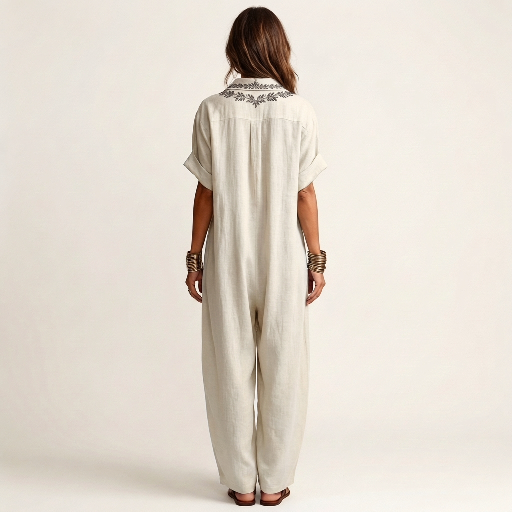 Amarina | Vestido largo de lino con cuello y escote en V bordado