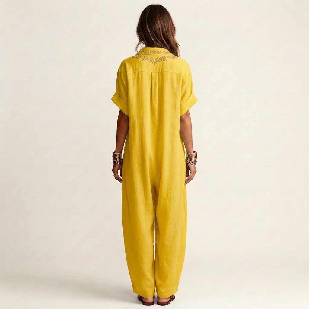 Amarina | Vestido largo de lino con cuello y escote en V bordado