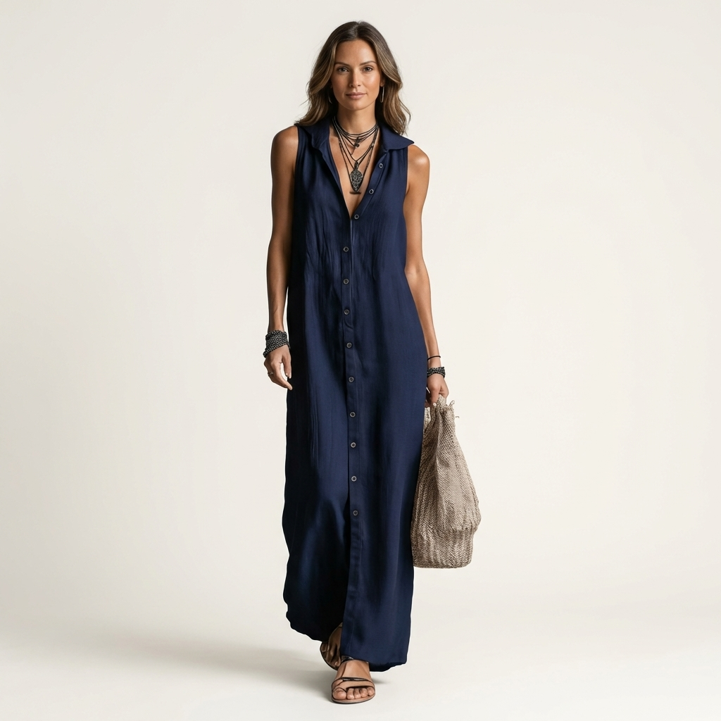 Mirabell | Vestido largo sin mangas con capucha y botonadura