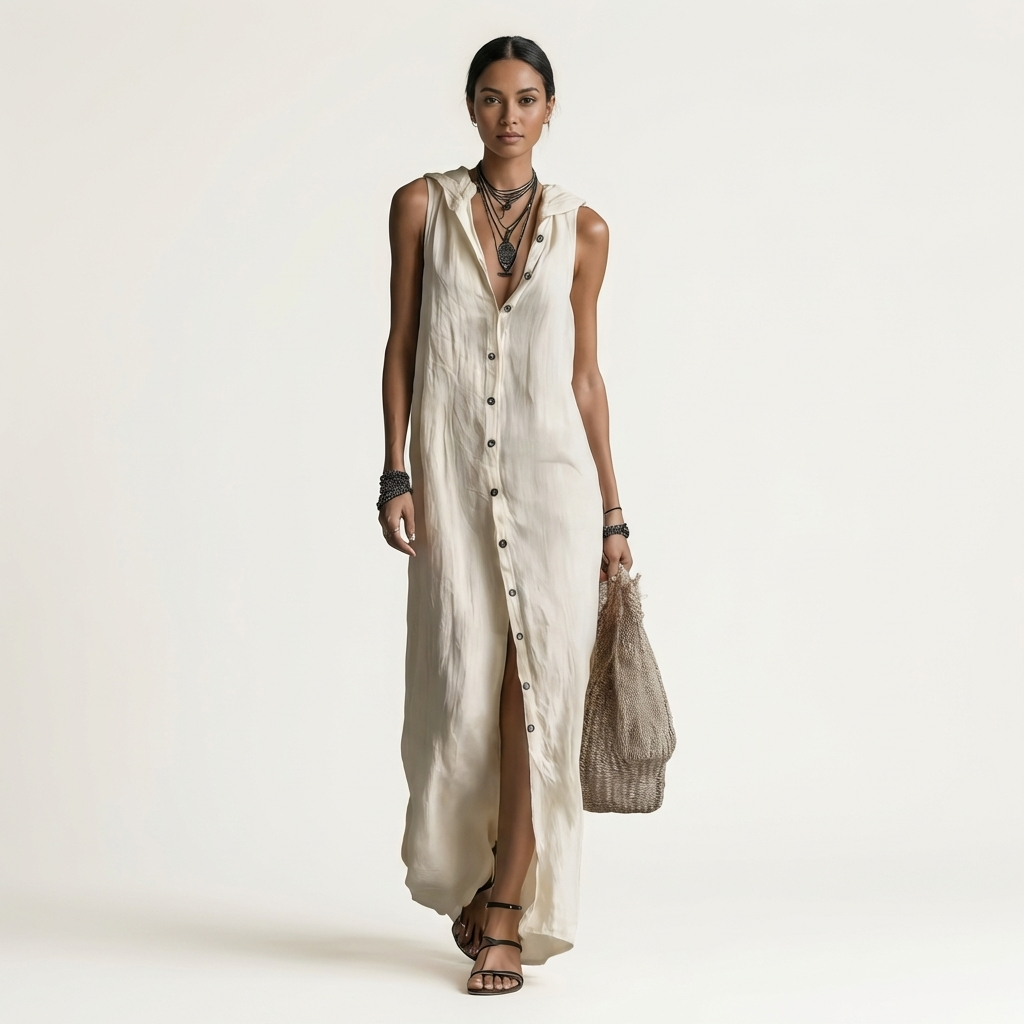 Mirabell | Vestido largo sin mangas con capucha y botonadura