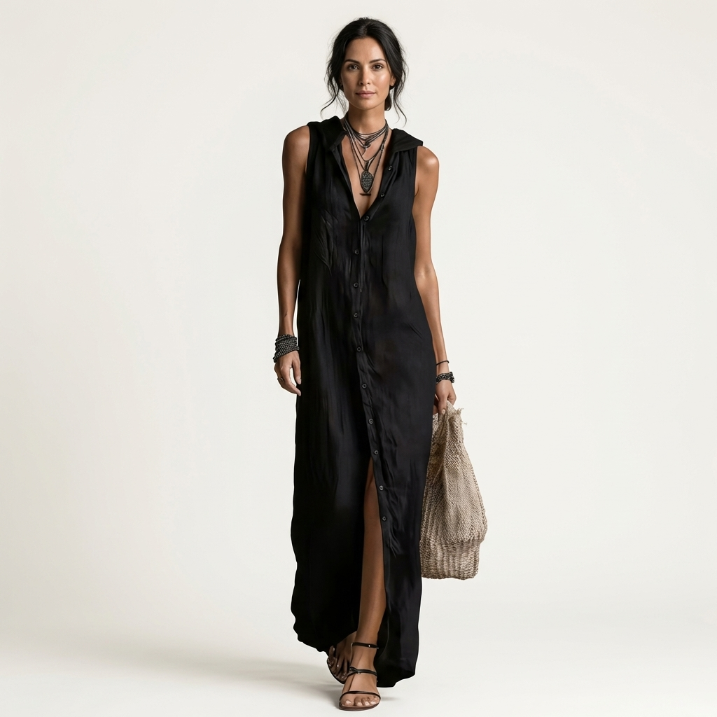 Mirabell | Vestido largo sin mangas con capucha y botonadura