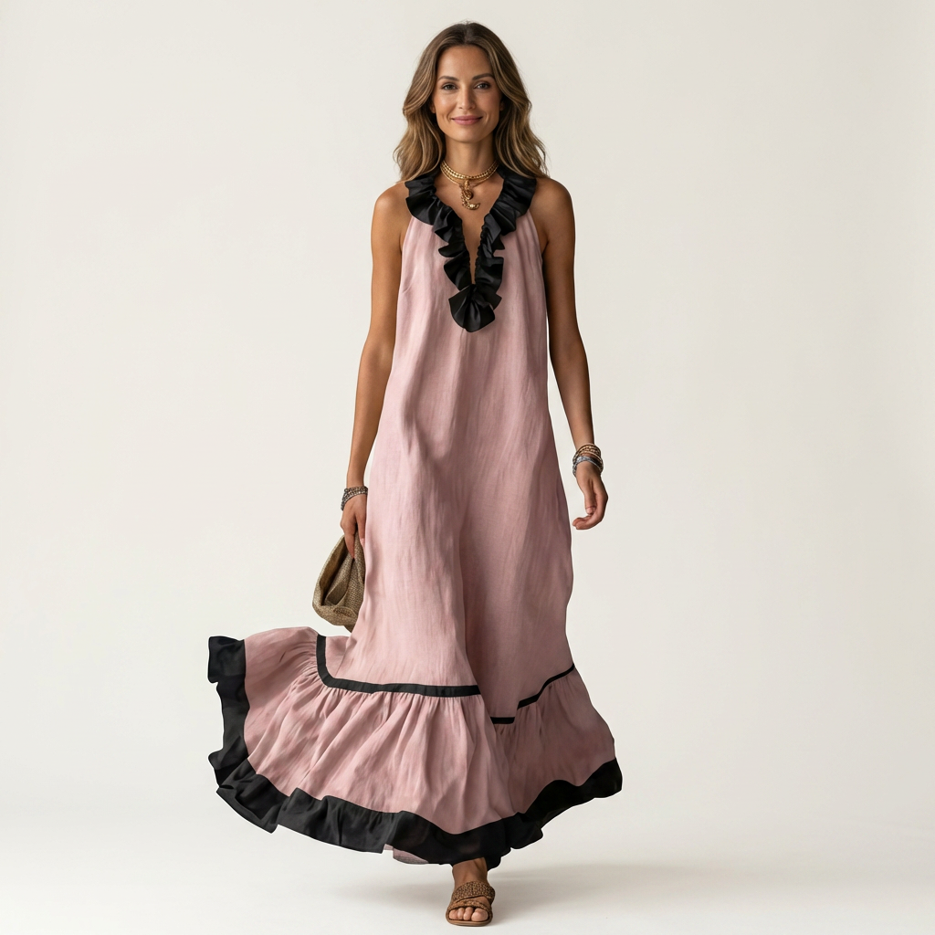 Mayline | Vestido largo sin mangas con escote de volantes y ribete en contraste