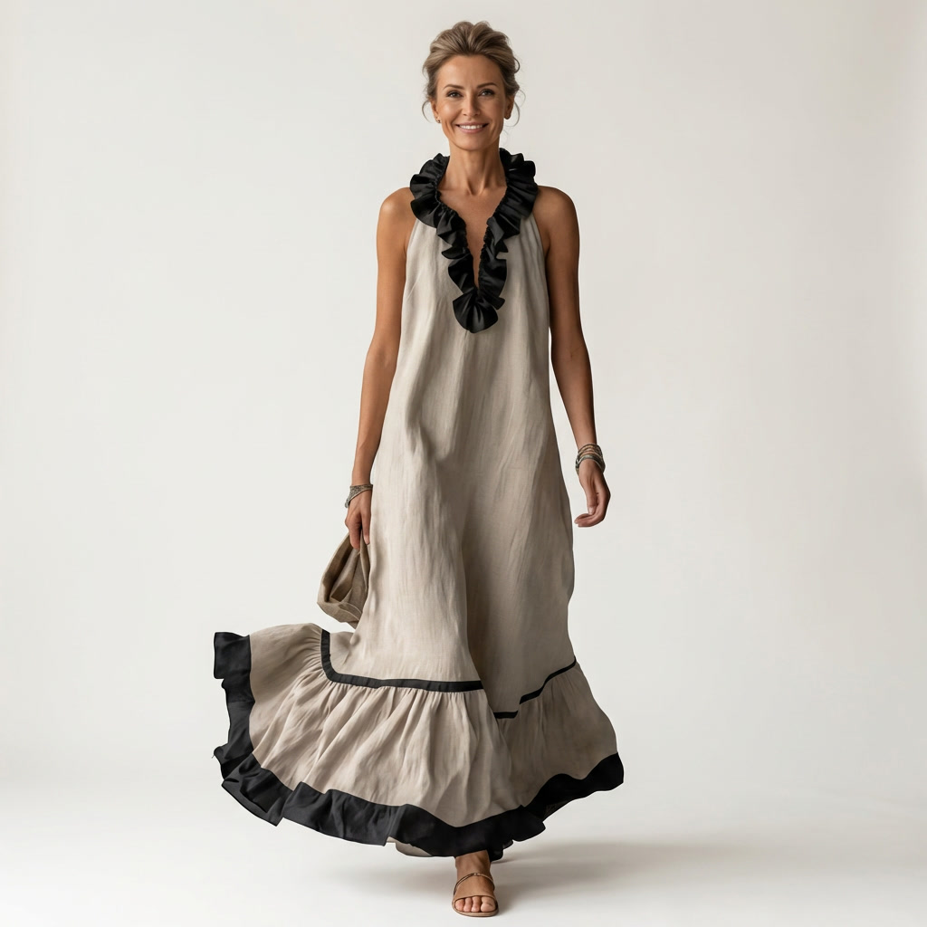 Mayline | Vestido largo sin mangas con escote de volantes y ribete en contraste