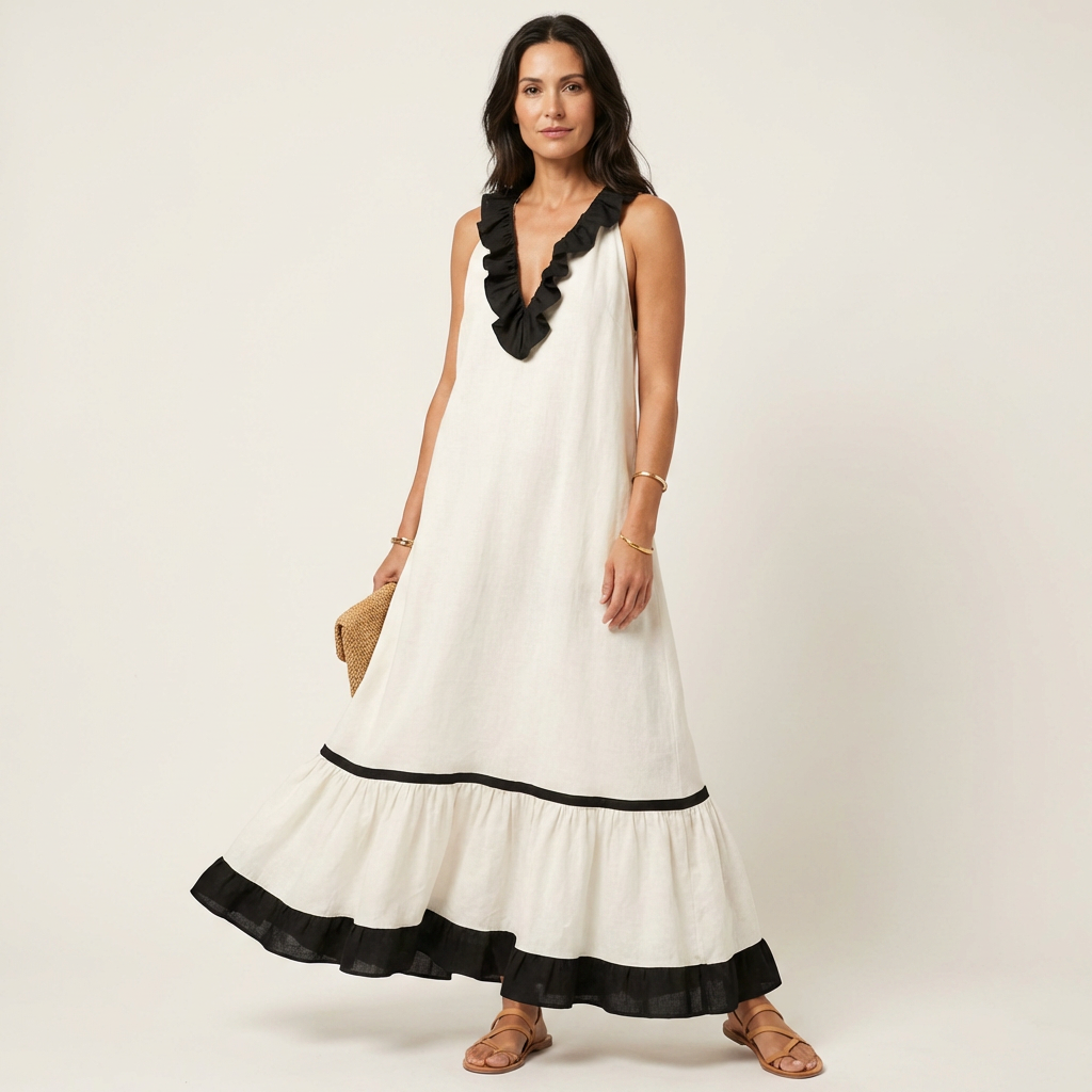 Mayline | Vestido largo sin mangas con escote de volantes y ribete en contraste