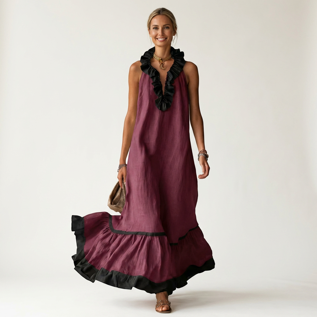 Mayline | Vestido largo sin mangas con escote de volantes y ribete en contraste