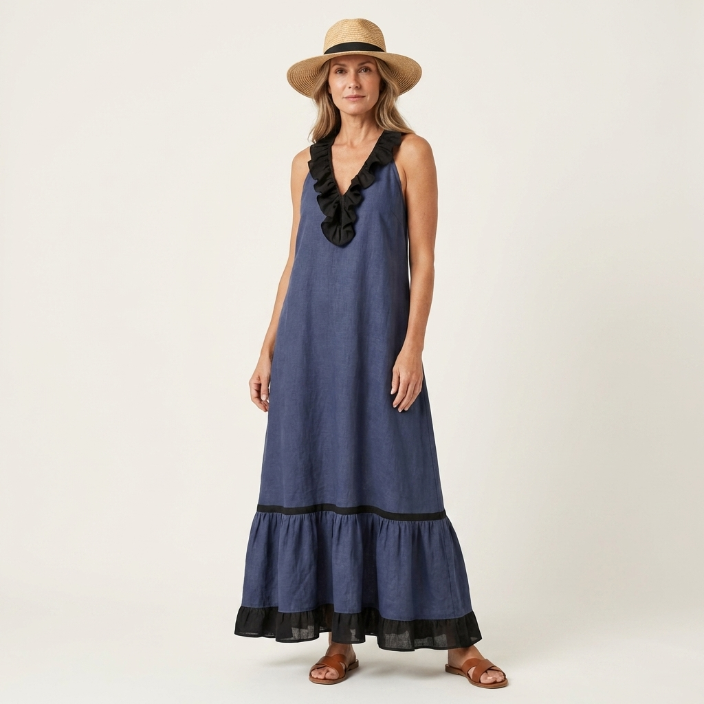 Mayline | Vestido largo sin mangas con escote de volantes y ribete en contraste