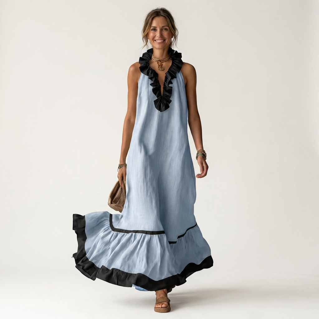 Mayline | Vestido largo sin mangas con escote de volantes y ribete en contraste
