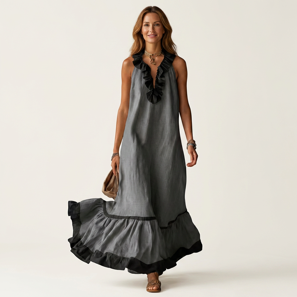 Mayline | Vestido largo sin mangas con escote de volantes y ribete en contraste