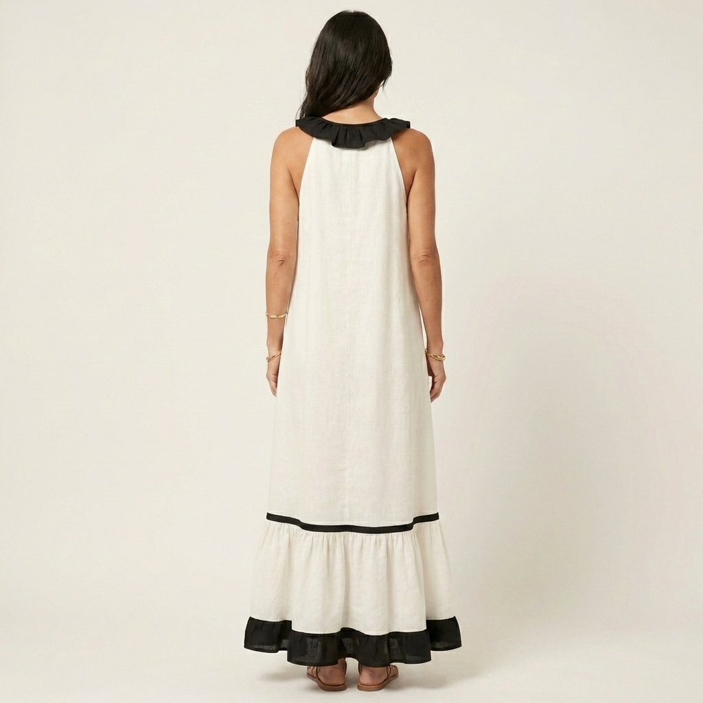 Mayline | Vestido largo sin mangas con escote de volantes y ribete en contraste