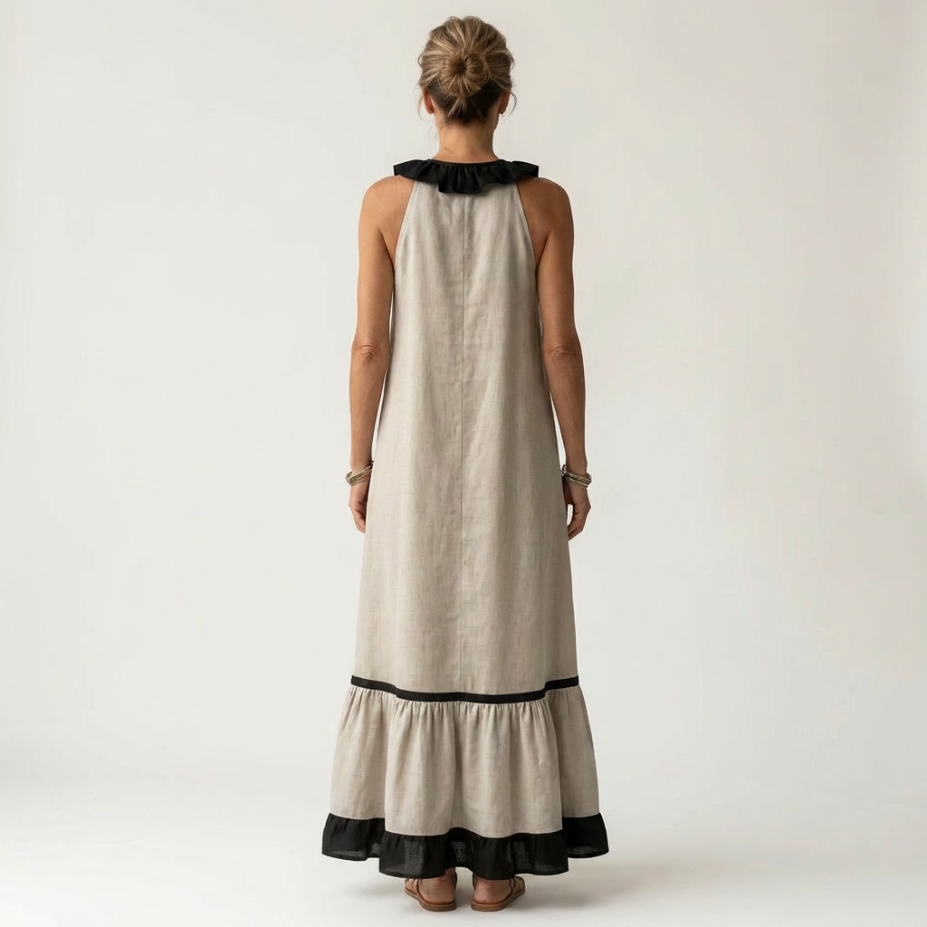 Mayline | Vestido largo sin mangas con escote de volantes y ribete en contraste