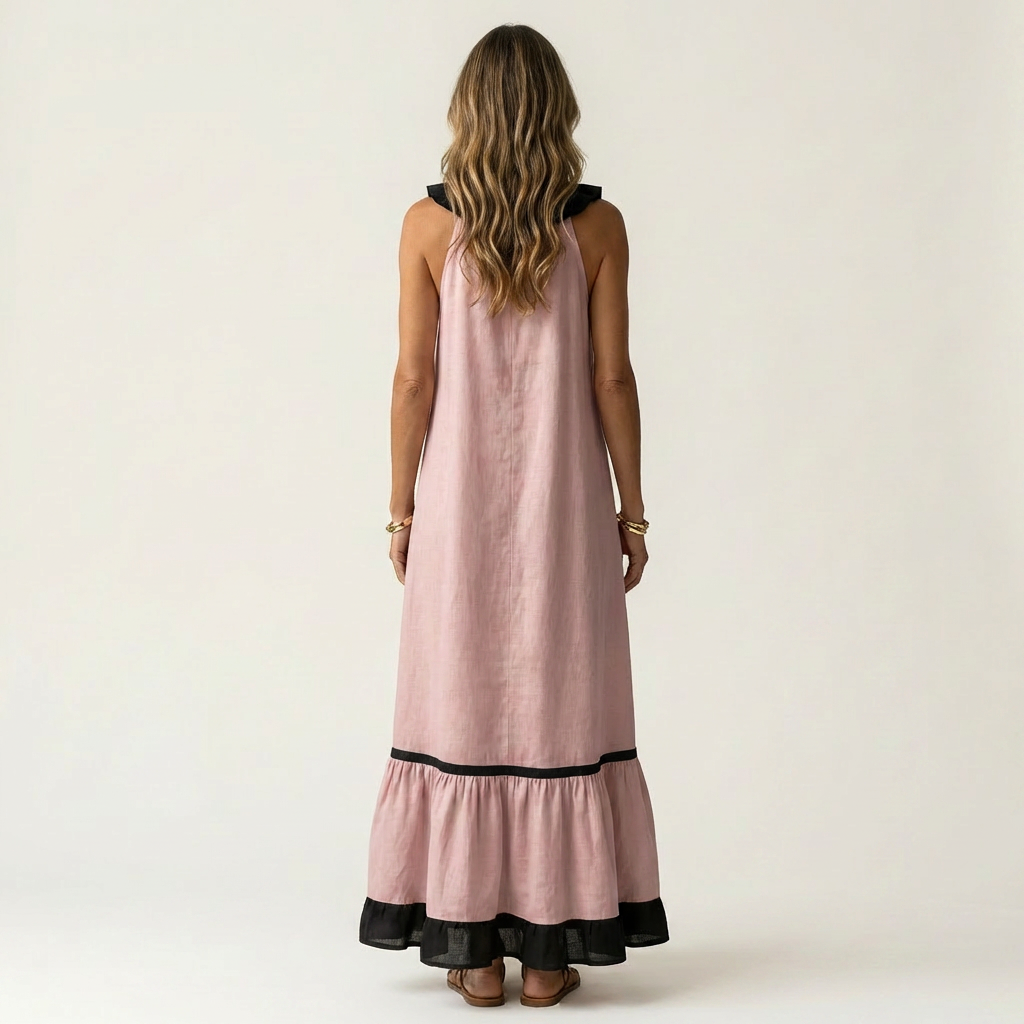 Mayline | Vestido largo sin mangas con escote de volantes y ribete en contraste