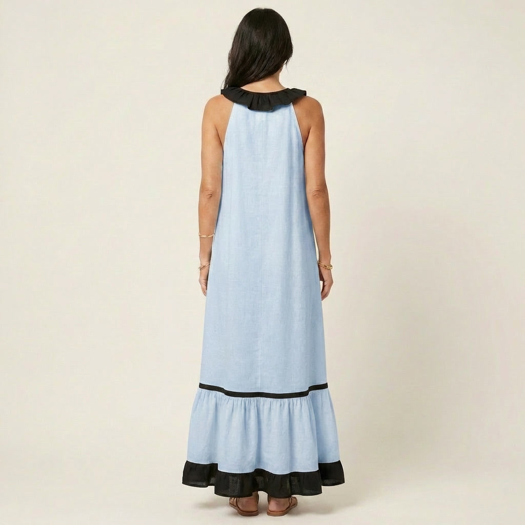 Mayline | Vestido largo sin mangas con escote de volantes y ribete en contraste