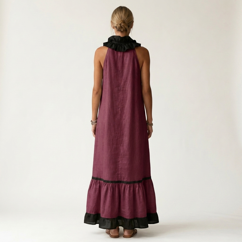 Mayline | Vestido largo sin mangas con escote de volantes y ribete en contraste