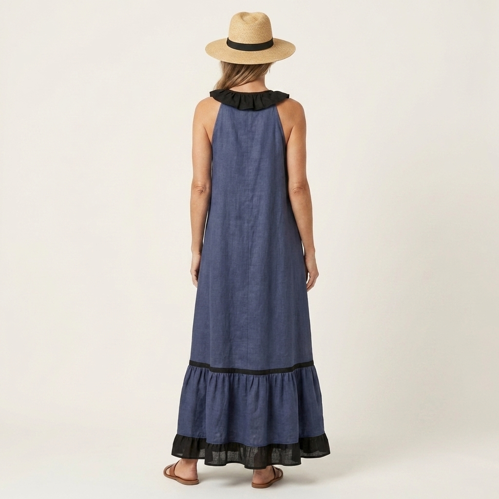 Mayline | Vestido largo sin mangas con escote de volantes y ribete en contraste