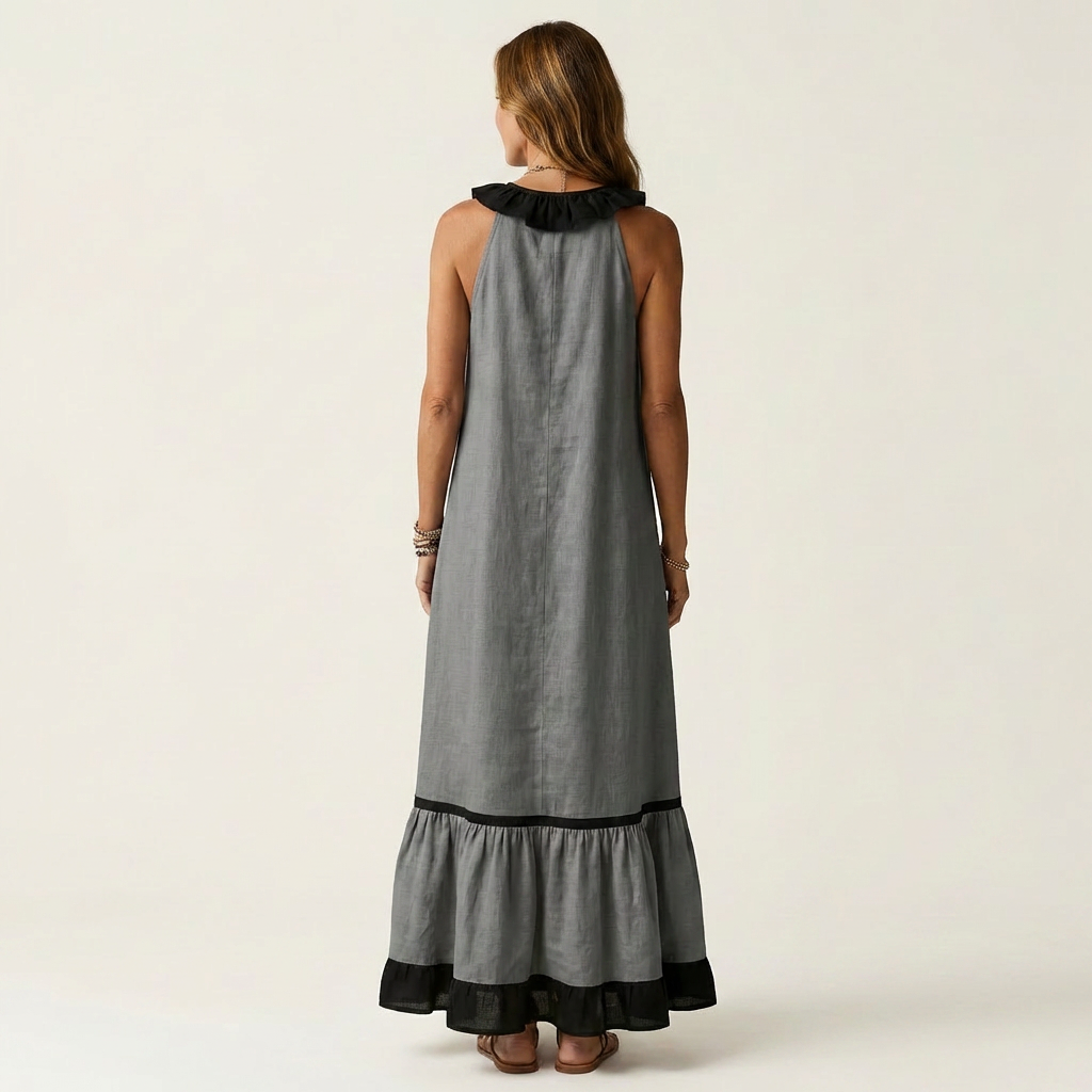 Mayline | Vestido largo sin mangas con escote de volantes y ribete en contraste