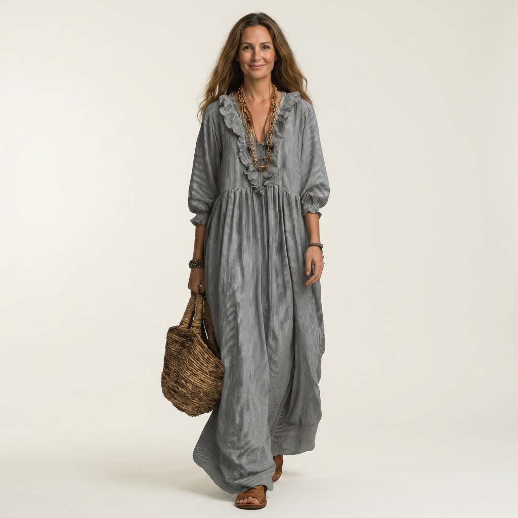 Yosetta | Vestido largo a rayas con escote en V de volantes y manga farol