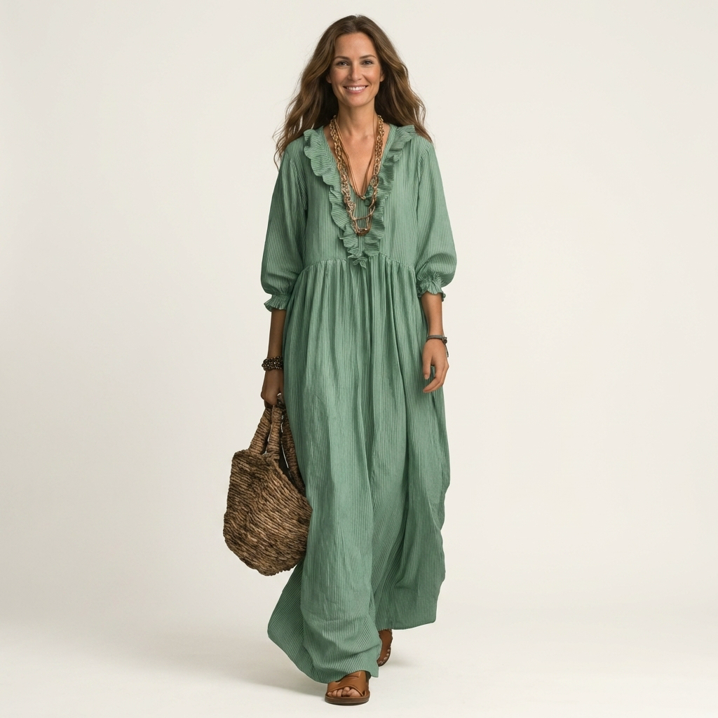 Yosetta | Vestido largo a rayas con escote en V de volantes y manga farol
