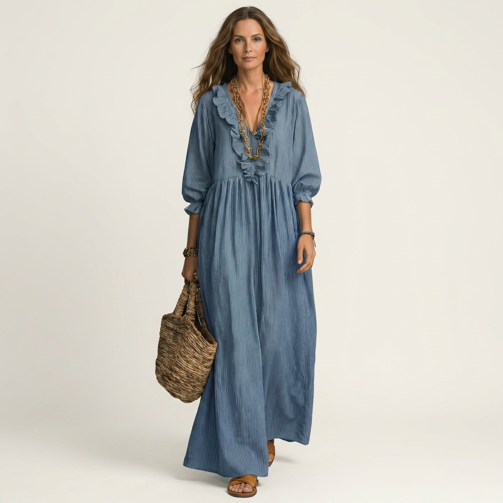 Yosetta | Vestido largo a rayas con escote en V de volantes y manga farol