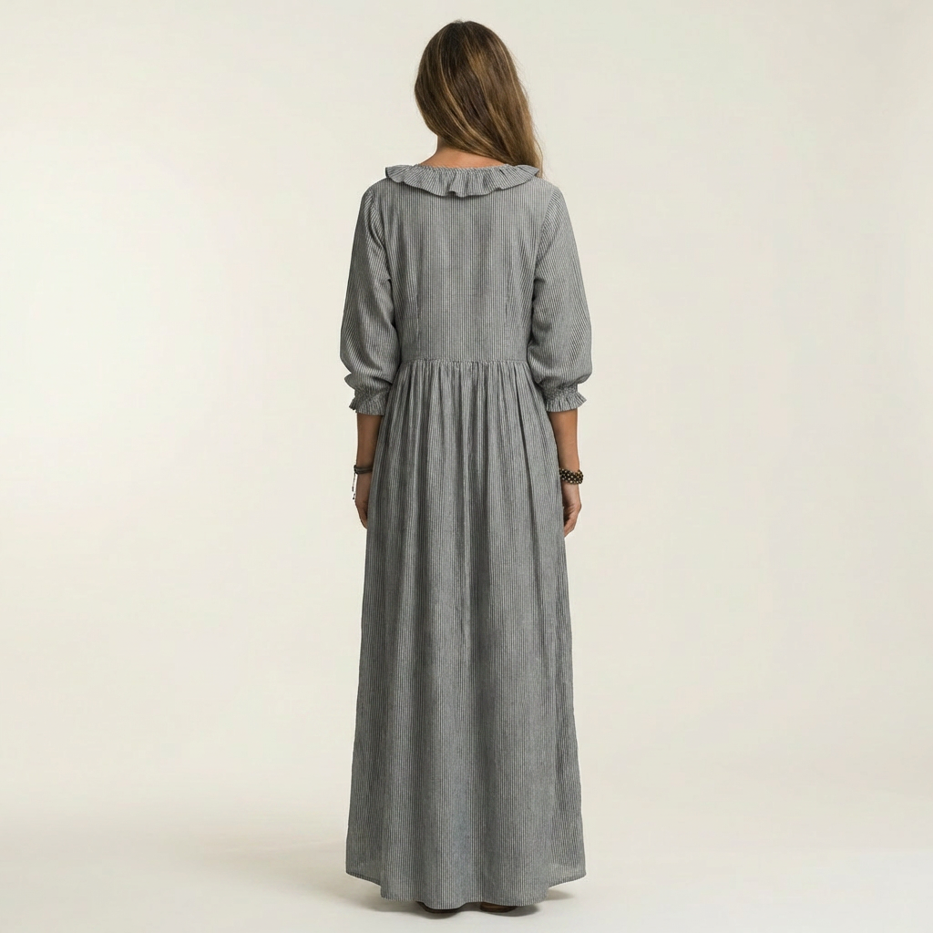 Yosetta | Vestido largo a rayas con escote en V de volantes y manga farol
