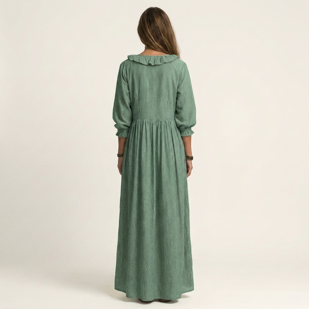 Yosetta | Vestido largo a rayas con escote en V de volantes y manga farol