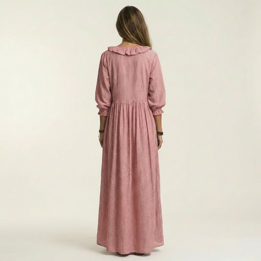 Yosetta | Vestido largo a rayas con escote en V de volantes y manga farol