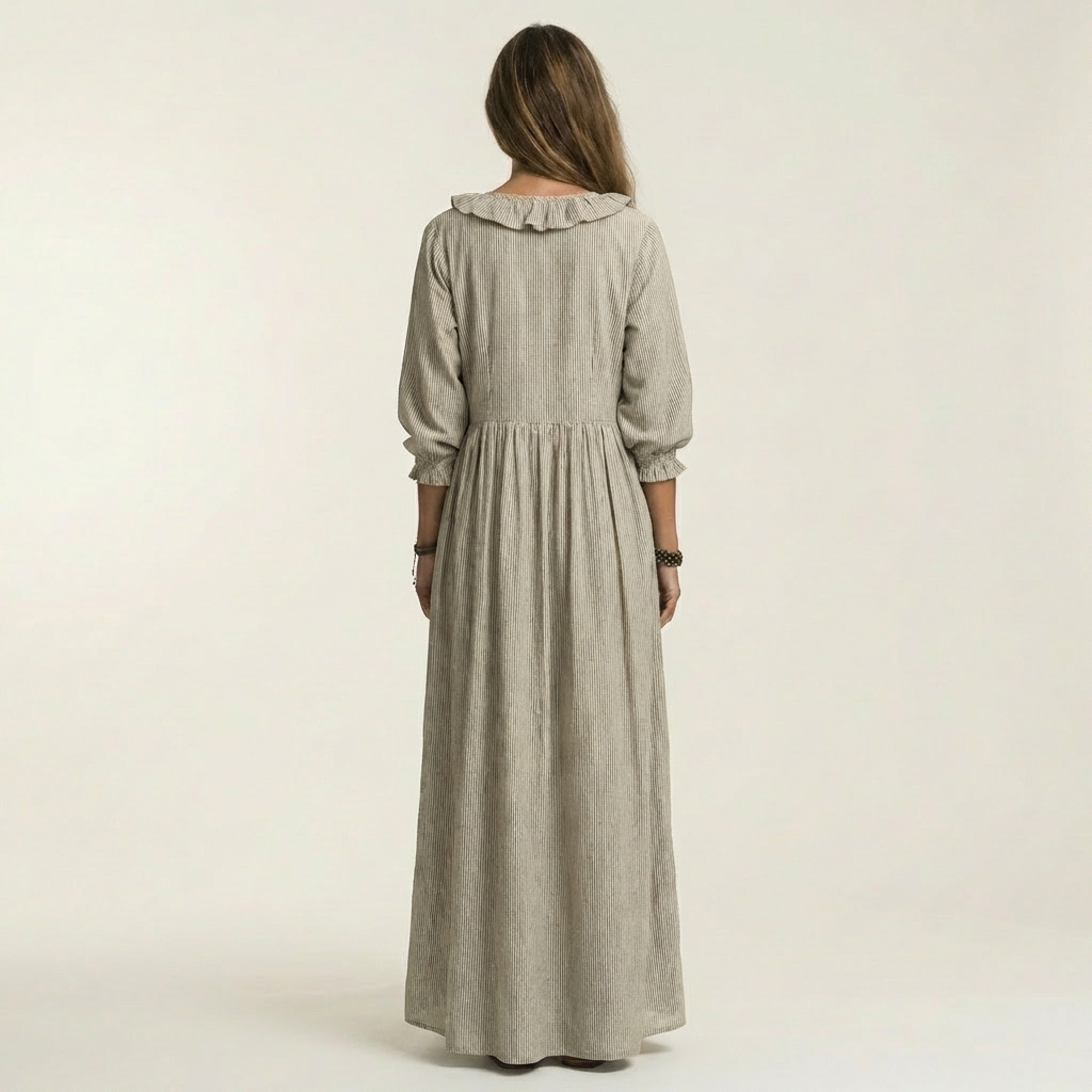 Yosetta | Vestido largo a rayas con escote en V de volantes y manga farol