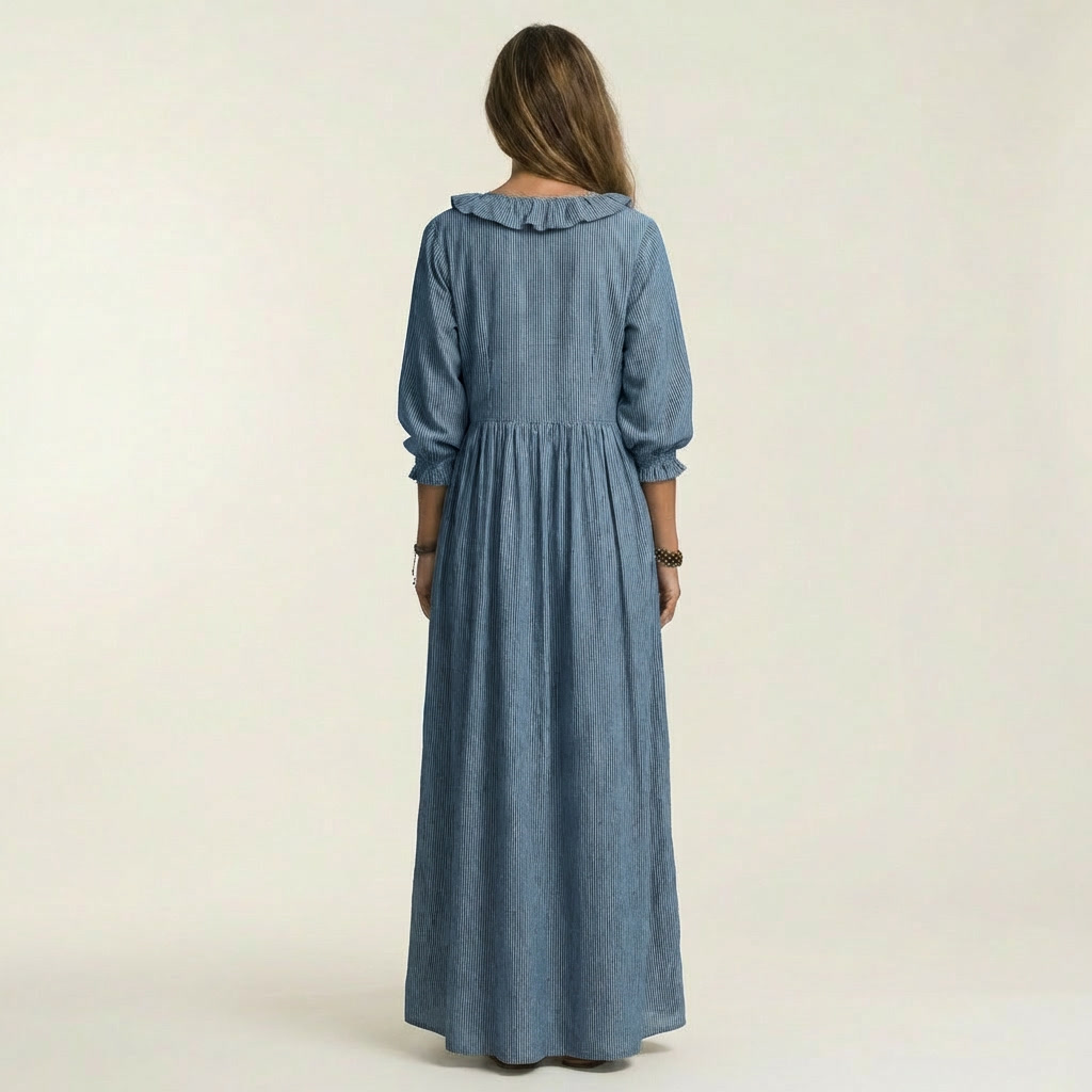 Yosetta | Vestido largo a rayas con escote en V de volantes y manga farol