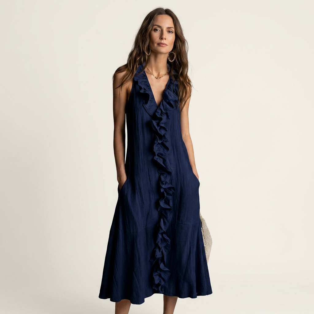 Vicky | Vestido largo sin mangas con escote en V y volante frontal