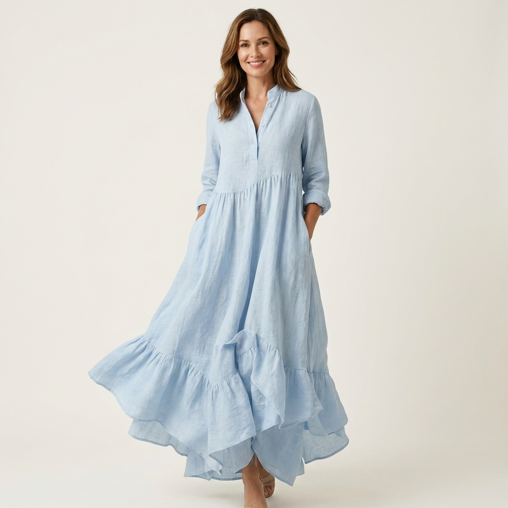 Jilana | Vestido largo con cuello mao, botonadura y bajo de volantes