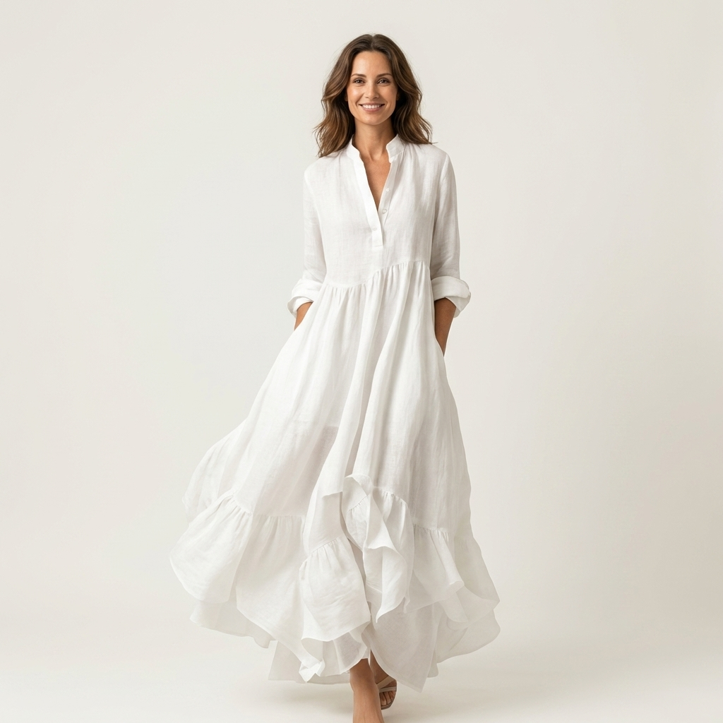 Jilana | Vestido largo con cuello mao, botonadura y bajo de volantes