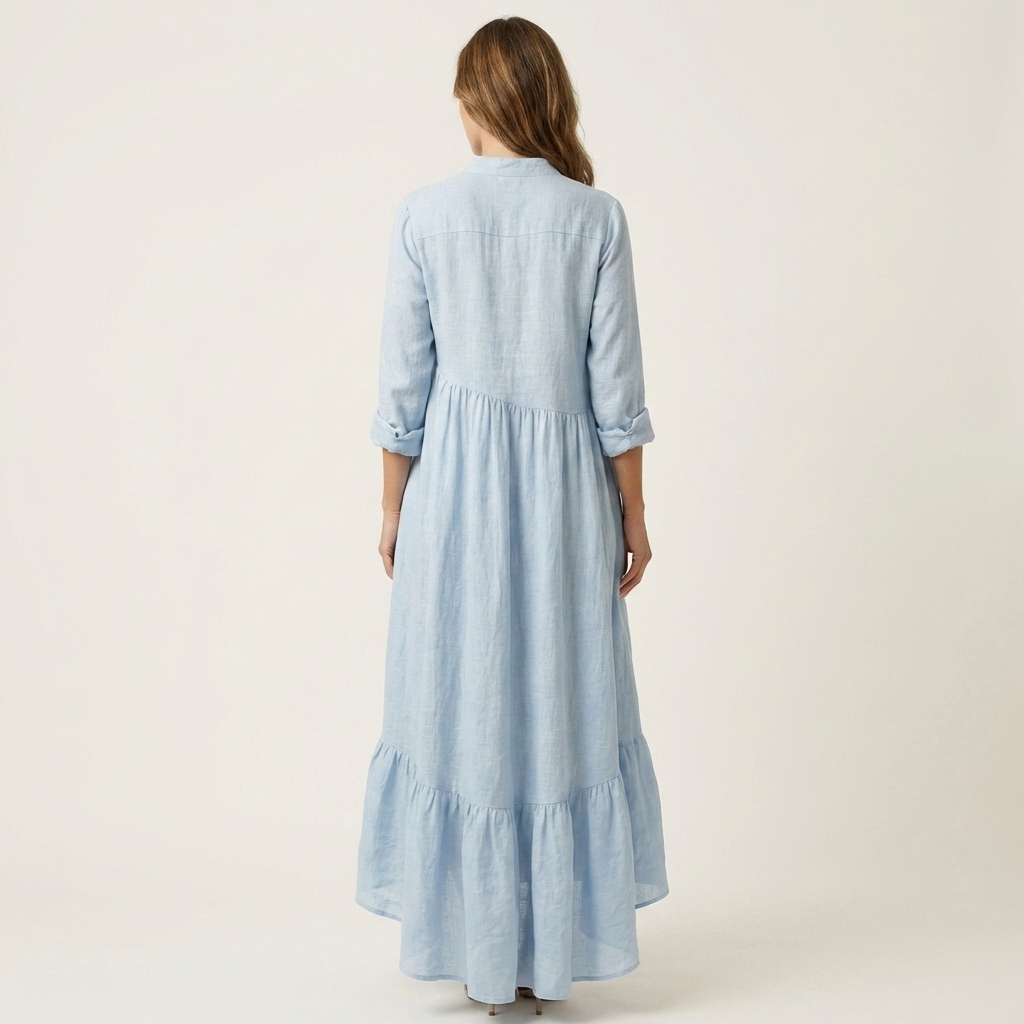 Jilana | Vestido largo con cuello mao, botonadura y bajo de volantes