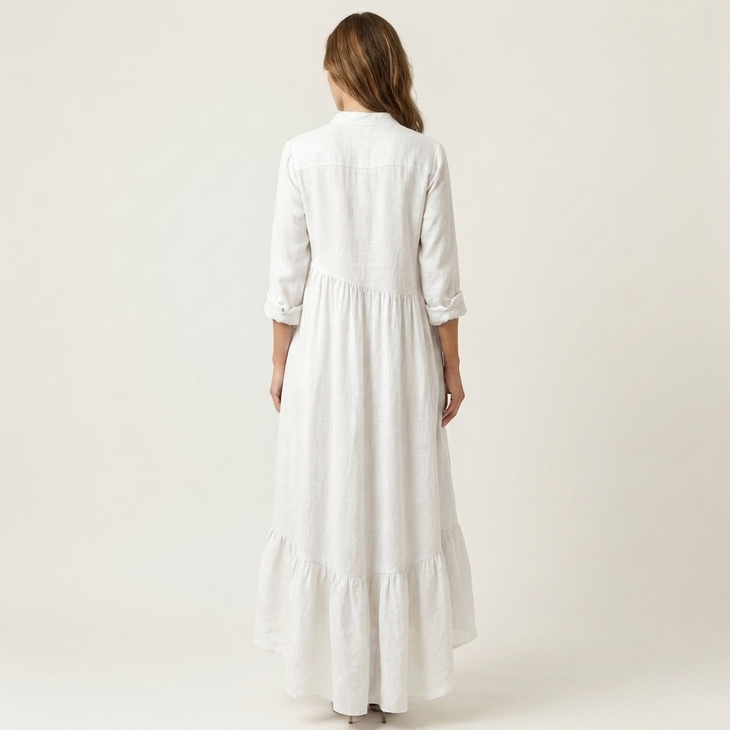 Jilana | Vestido largo con cuello mao, botonadura y bajo de volantes