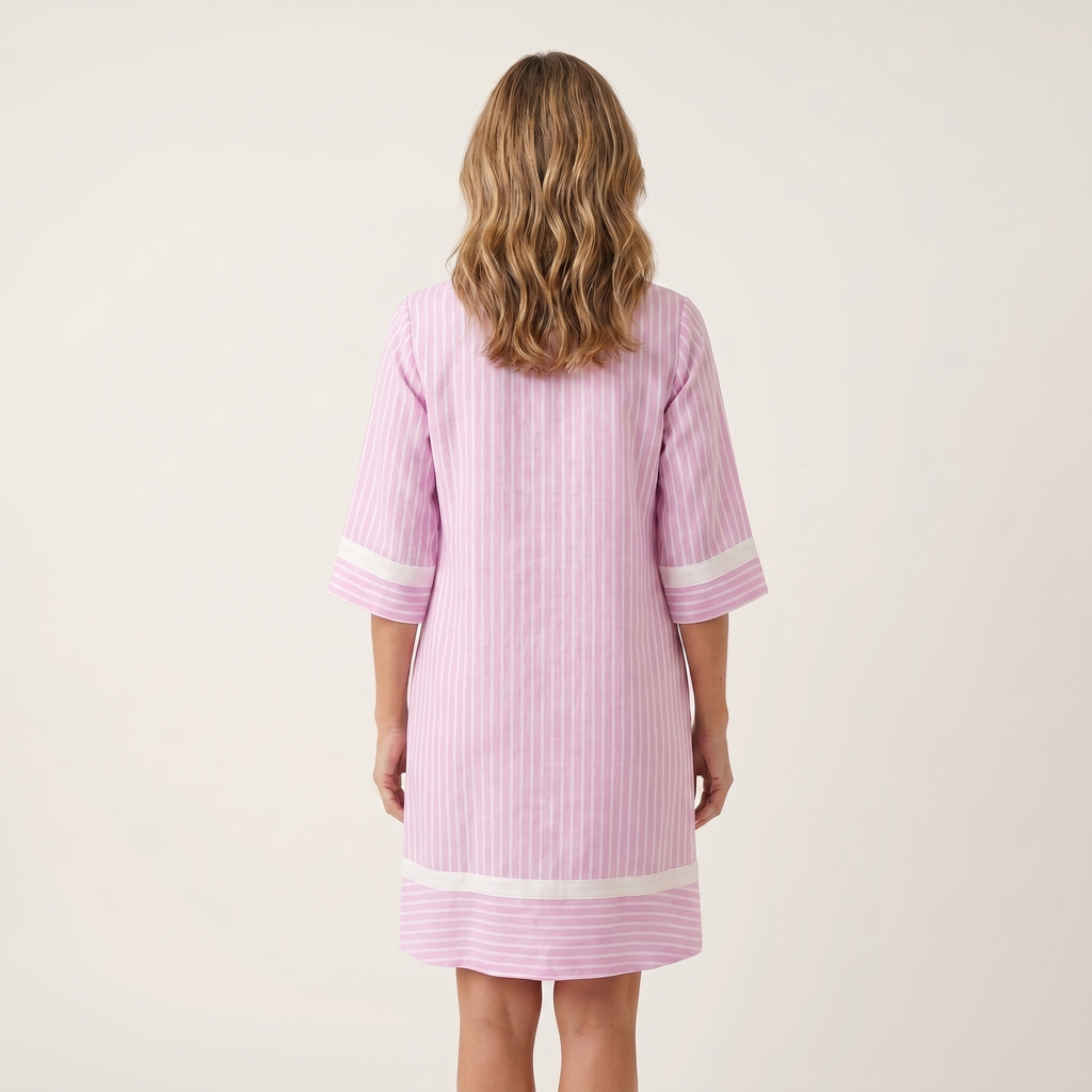Sanina | Vestido recto de algodón a rayas con escote en V y ribete en contraste