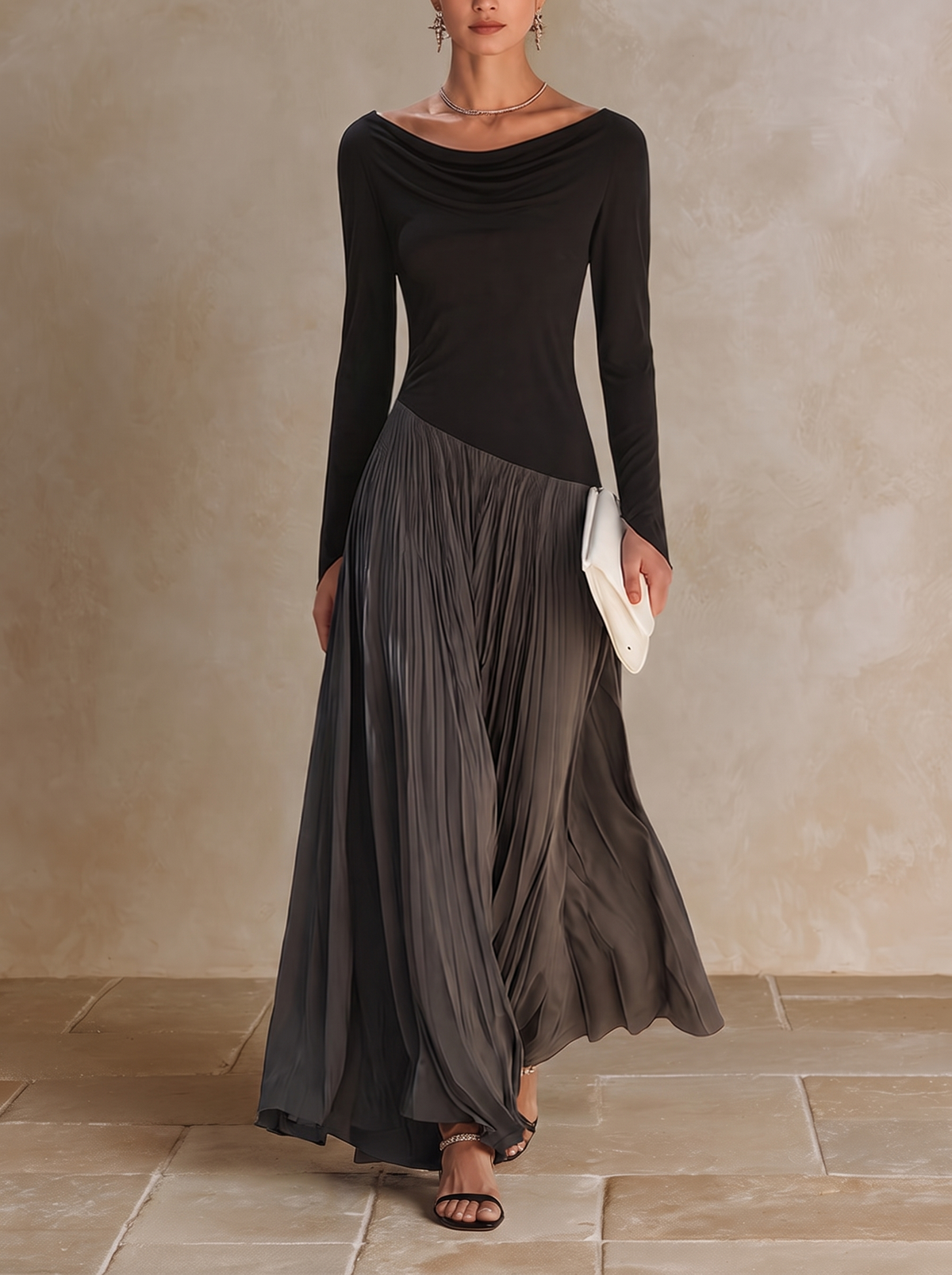 Marina | Abito Maxi Plissettato con Collo Drappeggiato Bicolore Nero e Grigio