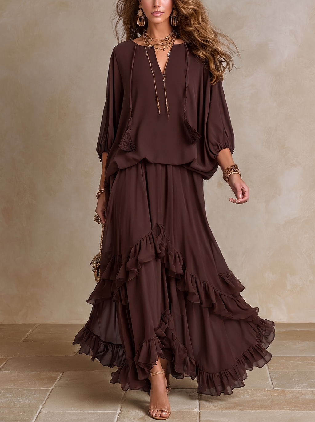 Manuela | Top in Chiffon Marrone con Frange e Scollo a V Abbinato a una Gonna a Strati con Volant