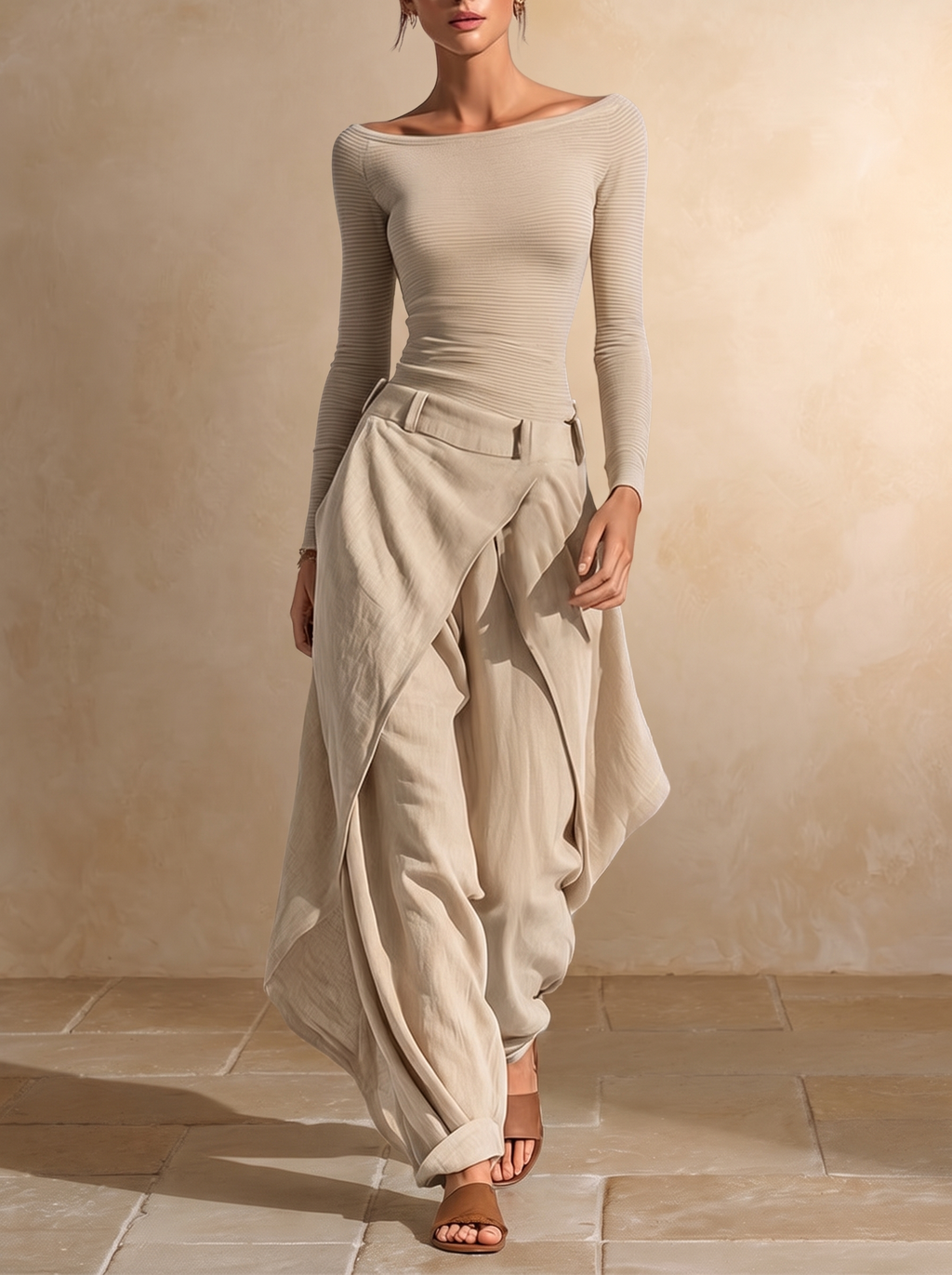 Giuliana | Top beige con scollo a barca e set di pantaloni larghi a strati