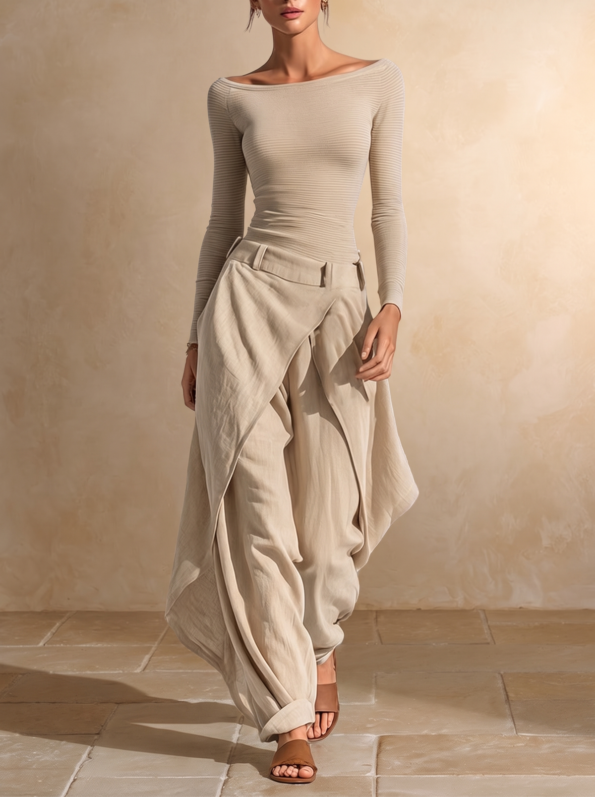 Giuliana | Top beige con scollo a barca e set di pantaloni larghi a strati
