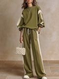 Sonia | Felpa Verde Oliva con Collo Girocollo e Pantaloni Larghi con Coulisse Set Casual