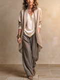 Costanza | Completo tre pezzi beige e grigio, casual a strati, con pantaloni a palazzo, elegante