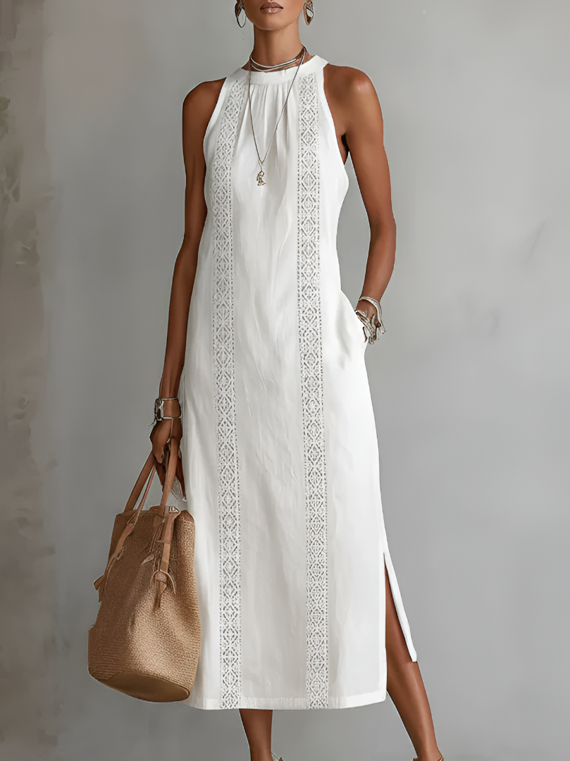 Jimena | Vestido Midi en Lino con Cuello Mao