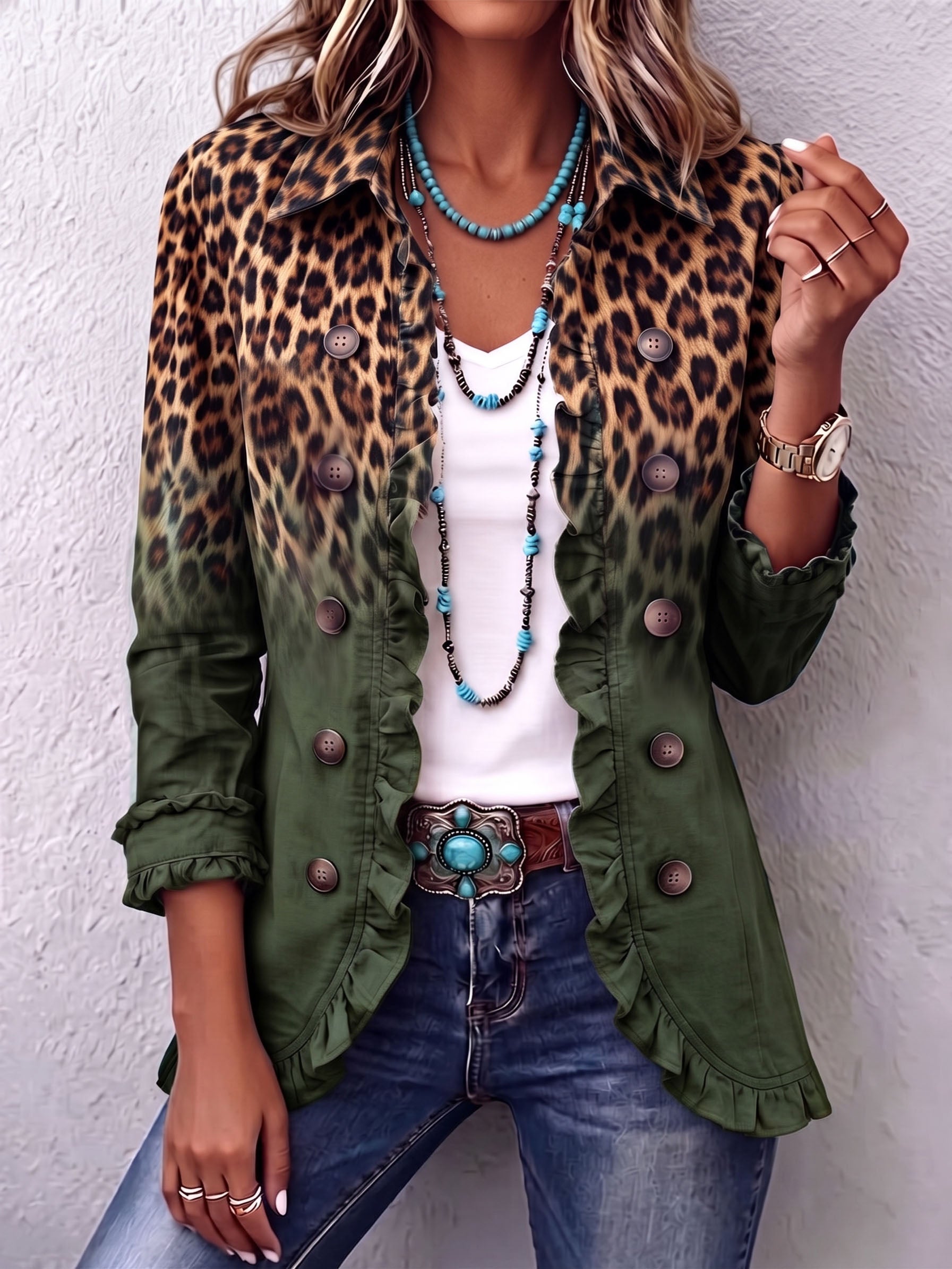 Elspeth™ | Blazer con volantes y estampado de leopardo degradado