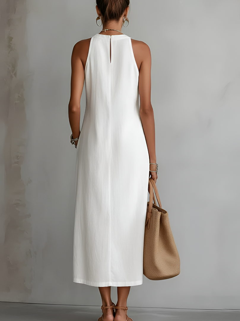 Jimena | Vestido Midi en Lino con Cuello Mao