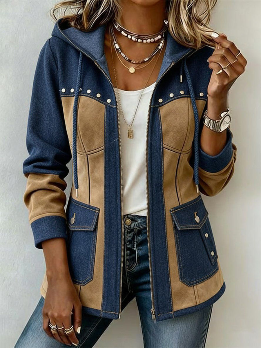 Chaqueta con capucha de gamuza y patchwork de mezclilla elegante