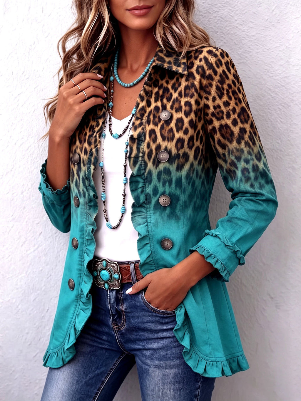 Elspeth™ | Blazer con volantes y estampado de leopardo degradado