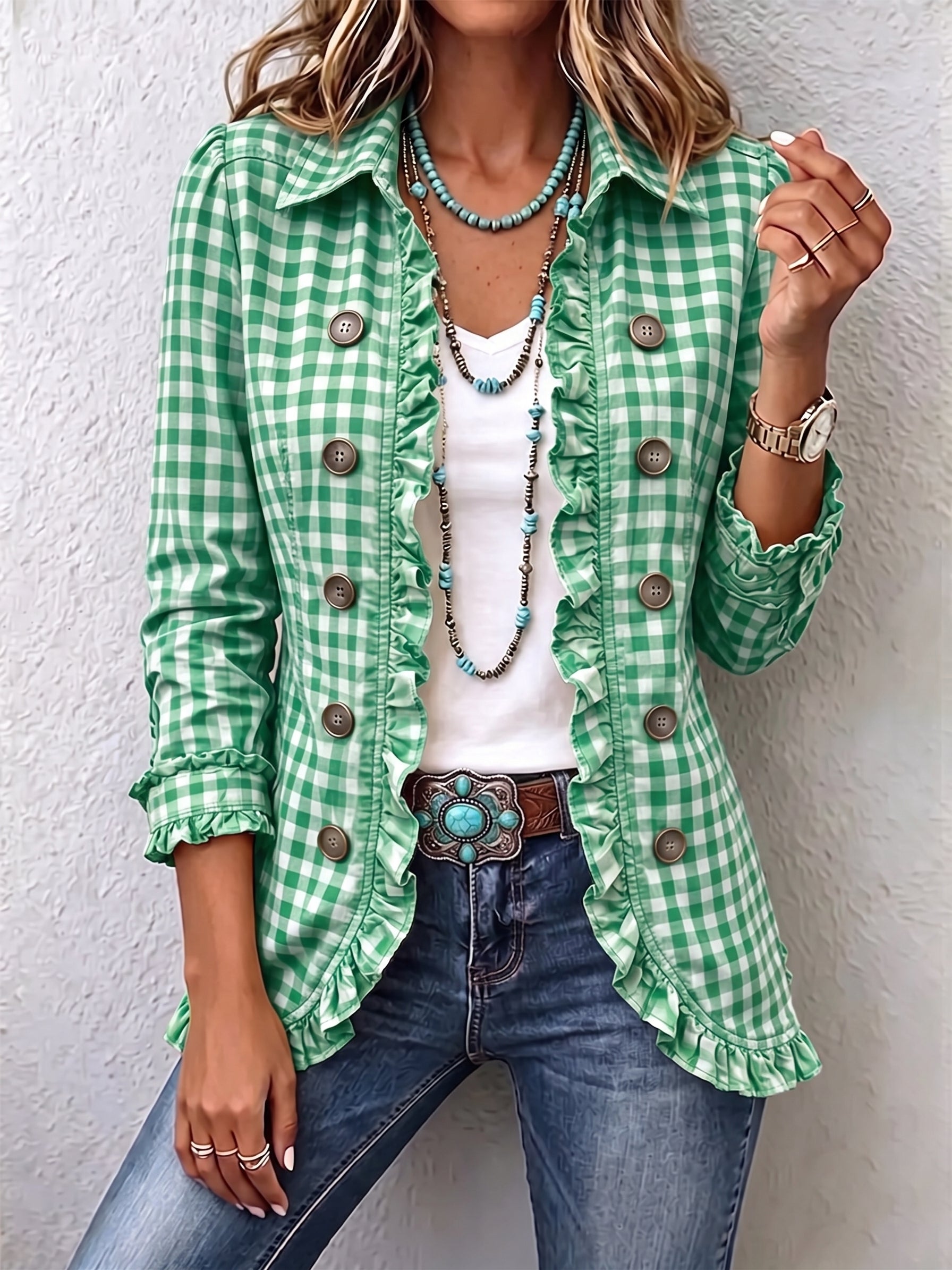 Charlene™ | Chaqueta de botones con volantes y cuadro vichy