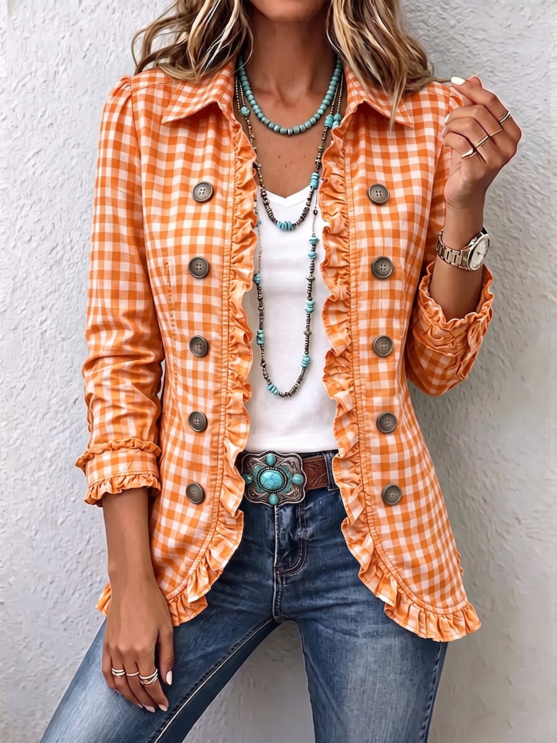 Charlene™ | Chaqueta de botones con volantes y cuadro vichy