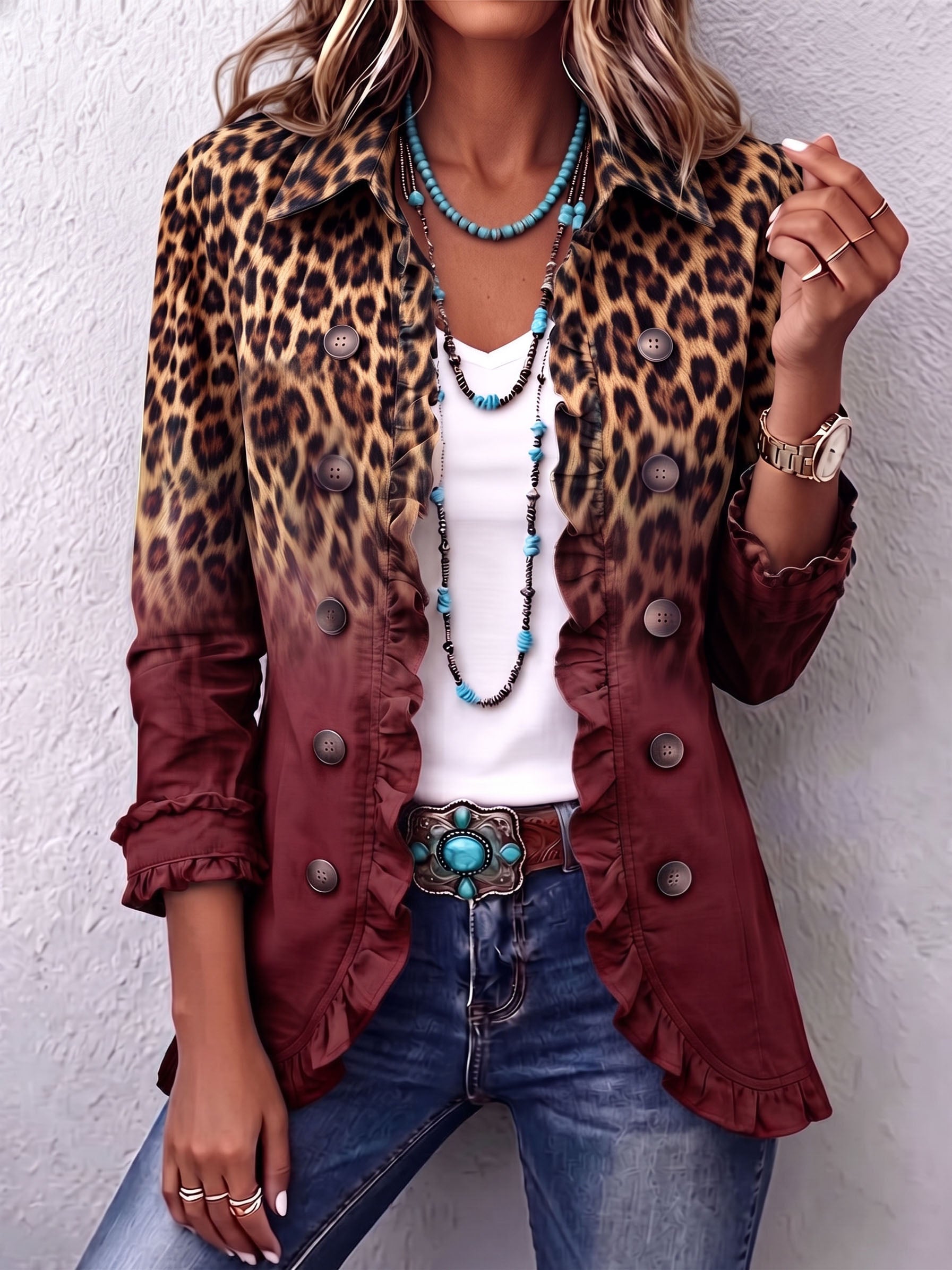 Elspeth™ | Blazer con volantes y estampado de leopardo degradado