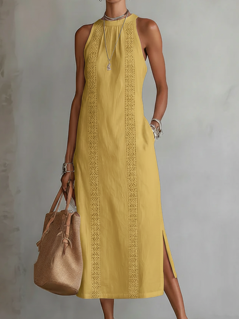 Jimena | Vestido Midi en Lino con Cuello Mao