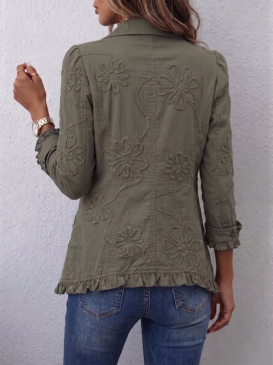Kamberly™ | Chaqueta utility boho-chic con bordado floral y ribete de volantes