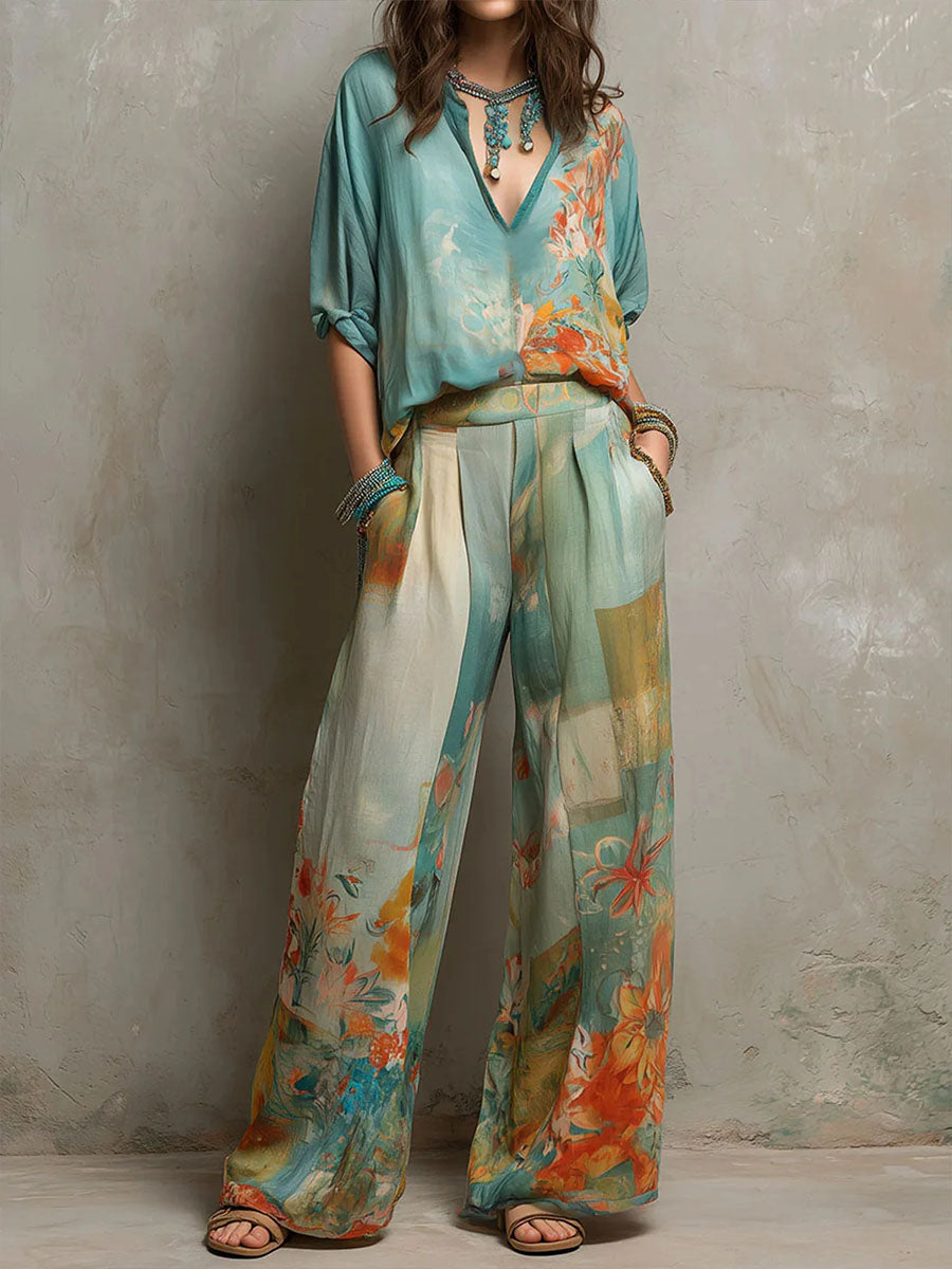 Chiara | Conjunto elegante de estampado floral con pantalón ancho